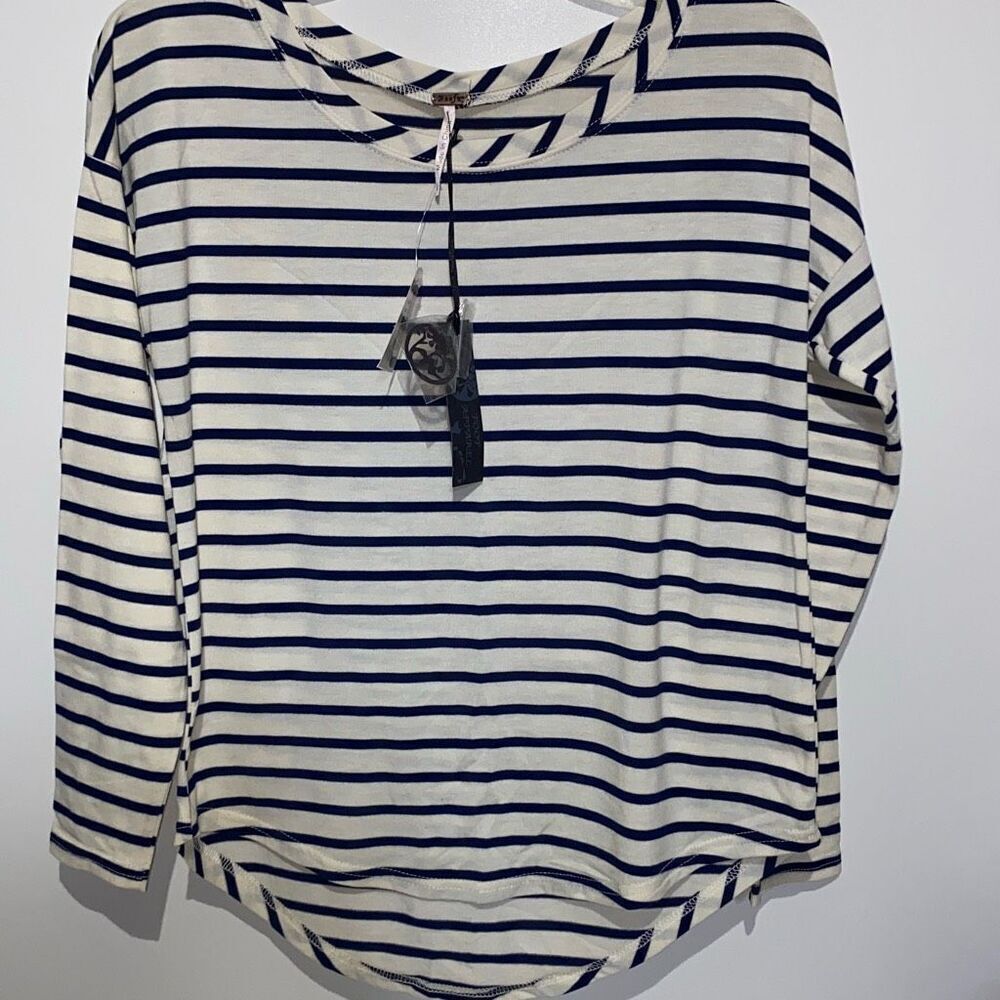 Poof Women's Blue White Striped Cotton Blend Long Sleeve‎ Shirt Size Small NWT
